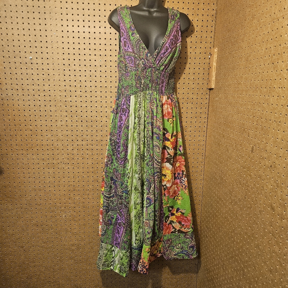 L Clothing Boho Paisley Mixed Print V-Neck Halter Gathered Waist Summer Dress Lg
